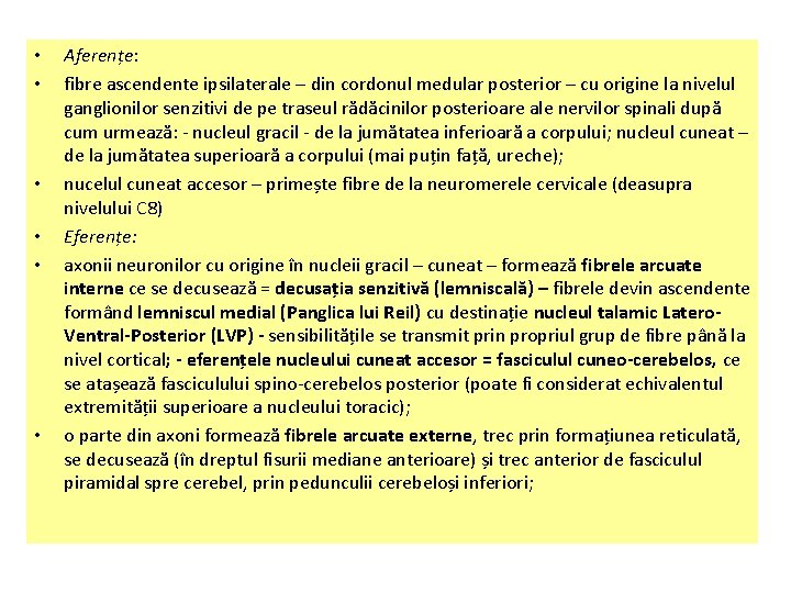  • • • Aferențe: fibre ascendente ipsilaterale – din cordonul medular posterior –