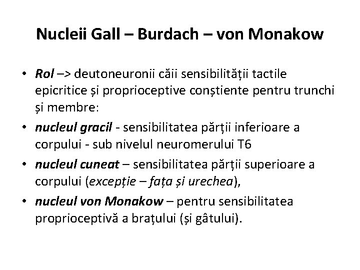 Nucleii Gall – Burdach – von Monakow • Rol –> deutoneuronii căii sensibilității tactile