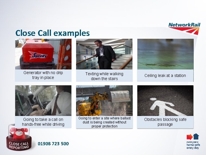 Close Call examples Generator with no drip tray in place Texting while walking down