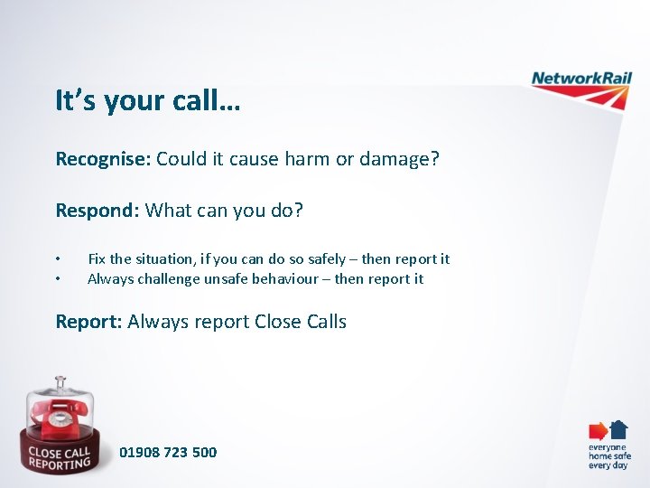 It’s your call… Recognise: Could it cause harm or damage? Respond: What can you