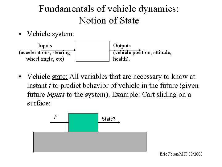 Fundamentals of vehicle dynamics: Notion of State • Vehicle system: Inputs (accelerations, steering wheel