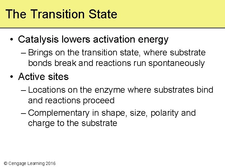 The Transition State • Catalysis lowers activation energy – Brings on the transition state,