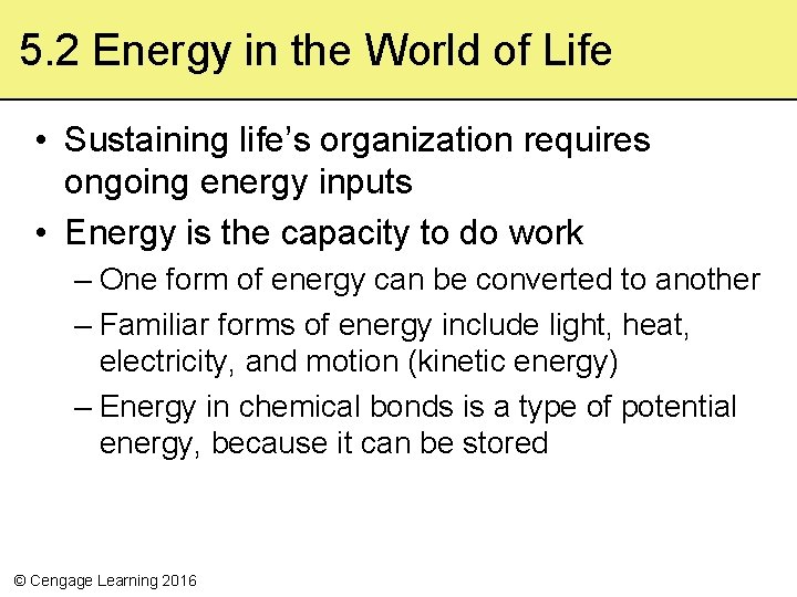 5. 2 Energy in the World of Life • Sustaining life’s organization requires ongoing