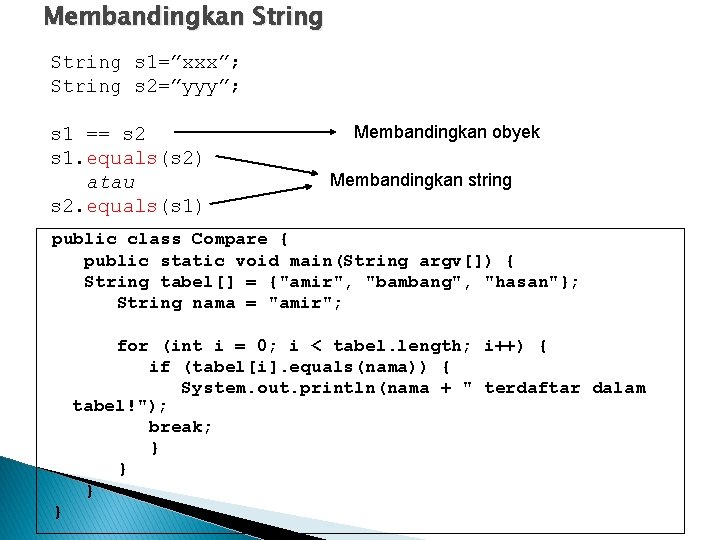 Membandingkan String s 1=”xxx”; String s 2=”yyy”; s 1 == s 2 s 1.