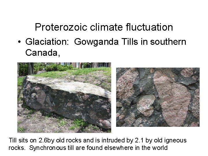 Proterozoic climate fluctuation • Glaciation: Gowganda Tills in southern Canada, Till sits on 2.