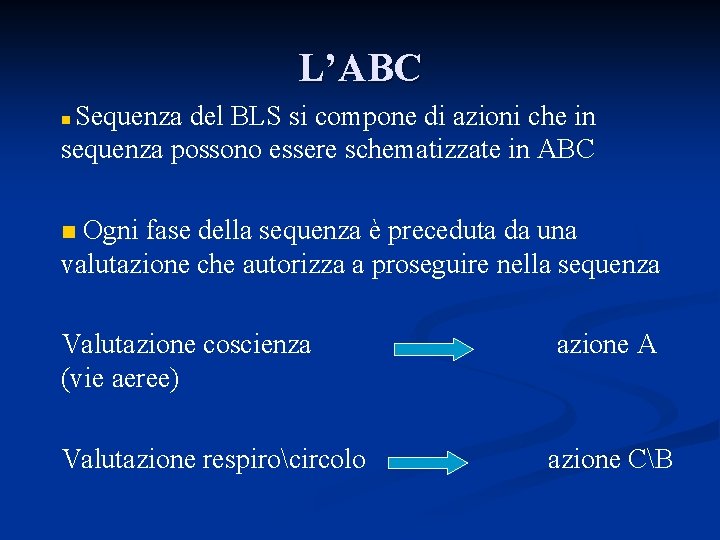 L’ABC Sequenza del BLS si compone di azioni che in sequenza possono essere schematizzate