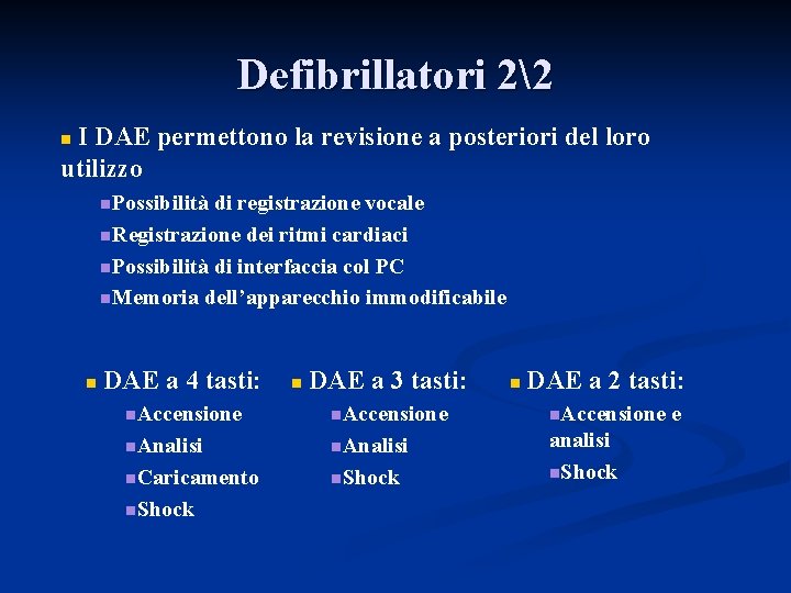 Defibrillatori 22 I DAE permettono la revisione a posteriori del loro utilizzo n n.