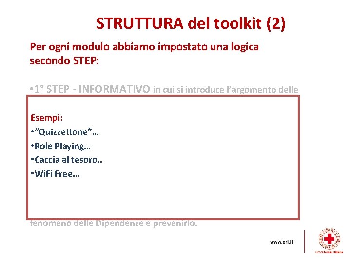 STRUTTURA del toolkit (2) Per ogni modulo abbiamo impostato una logica secondo STEP: •