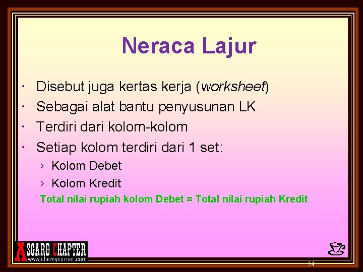 Neraca Lajur Disebut juga kertas kerja (worksheet) Sebagai alat bantu penyusunan LK Terdiri dari