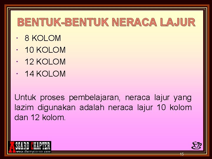 BENTUK-BENTUK NERACA LAJUR 8 KOLOM 10 KOLOM 12 KOLOM 14 KOLOM Untuk proses pembelajaran,