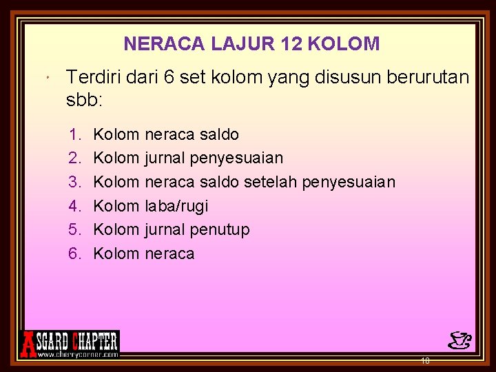 NERACA LAJUR 12 KOLOM Terdiri dari 6 set kolom yang disusun berurutan sbb: 1.