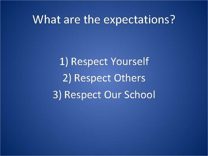 What are the expectations? 1) Respect Yourself 2) Respect Others 3) Respect Our School