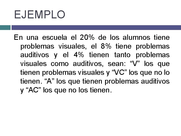 EJEMPLO En una escuela el 20% de los alumnos tiene problemas visuales, el 8%