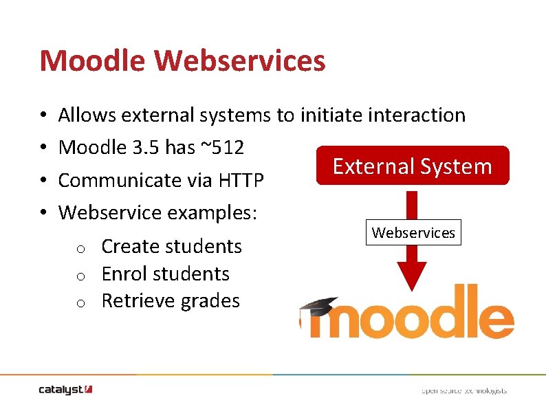 Moodle Webservices • • Allows external systems to initiate interaction Moodle 3. 5 has Moodle Webservices • • Allows external systems to initiate interaction Moodle 3. 5 has
