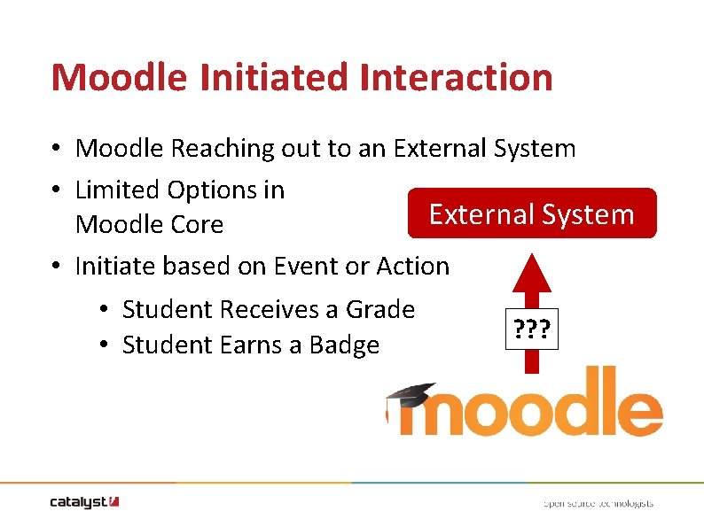 Moodle Initiated Interaction • Moodle Reaching out to an External System • Limited Options Moodle Initiated Interaction • Moodle Reaching out to an External System • Limited Options