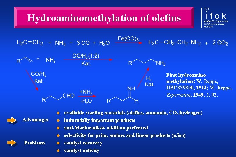 Hydroaminomethylation of olefins First hydroaminomethylation: W. Reppe, DBP 839800, 1943; W. Reppe, Experientia, 1949,