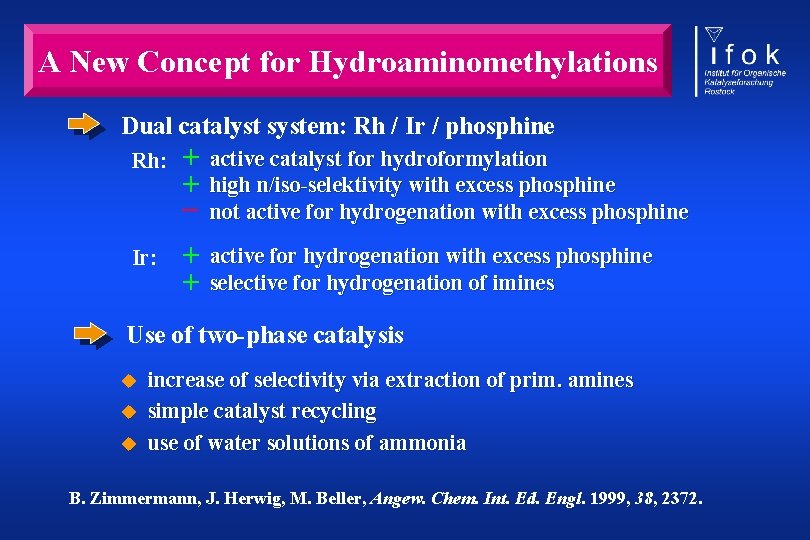 A New Concept for Hydroaminomethylations Dual catalyst system: Rh / Ir / phosphine Rh: