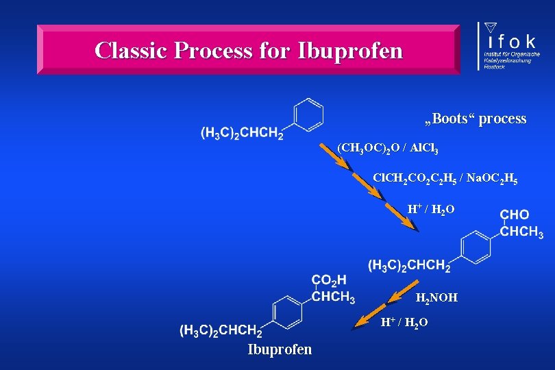 Classic Process for Ibuprofen „Boots“ process (CH 3 OC)2 O / Al. Cl 3