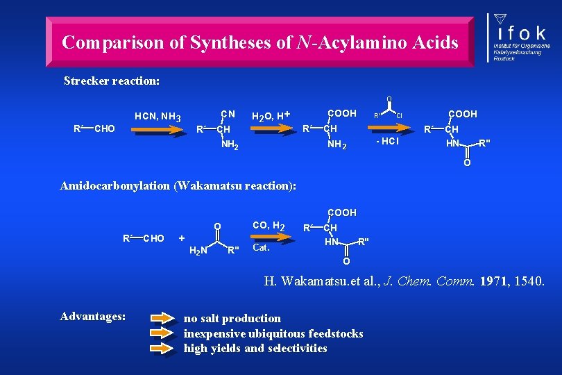 Comparison of Syntheses of N-Acylamino Acids Strecker reaction: O R´ CN HCN, NH 3