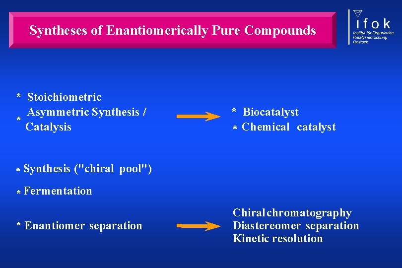 Syntheses of Enantiomerically Pure Compounds * Stoichiometric Asymmetric Synthesis / * Catalysis * Biocatalyst