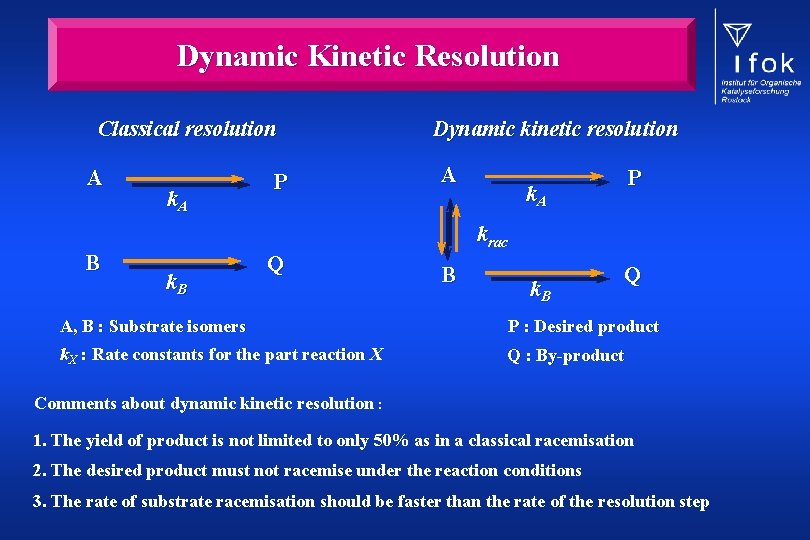 Dynamic Kinetic Resolution Classical resolution A B k. A P Dynamic kinetic resolution A