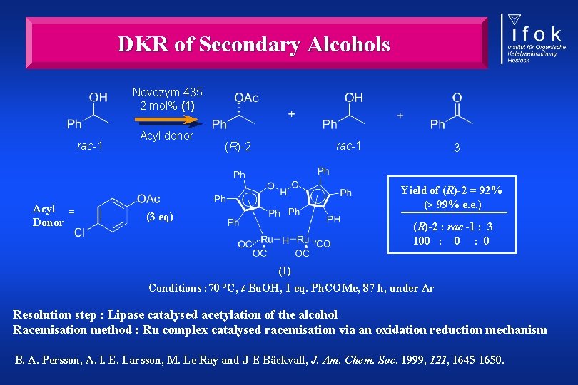 DKR of Secondary Alcohols Novozym 435 2 mol% (1) rac-1 Acyl = Donor Acyl