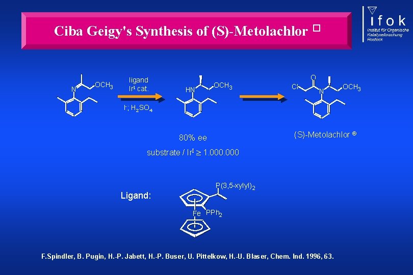 Ciba Geigy's Synthesis of (S)-Metolachlor � N OCH 3 ligand Ir. I cat. HN