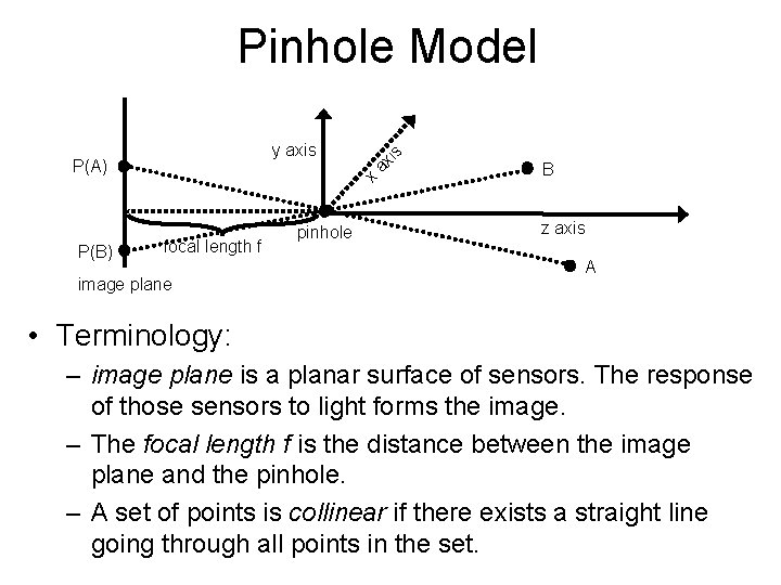 Pinhole Model x ax is y axis P(A) P(B) focal length f image plane
