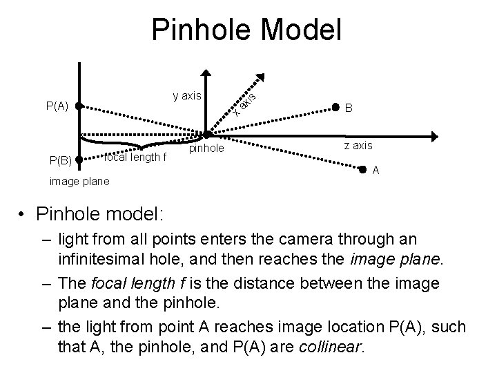 Pinhole Model x ax is y axis P(A) P(B) focal length f image plane