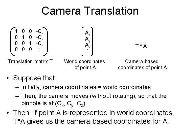 Camera Translation 1 0 0 0 -Cx 1 -Cx 0 1 Translation matrix T