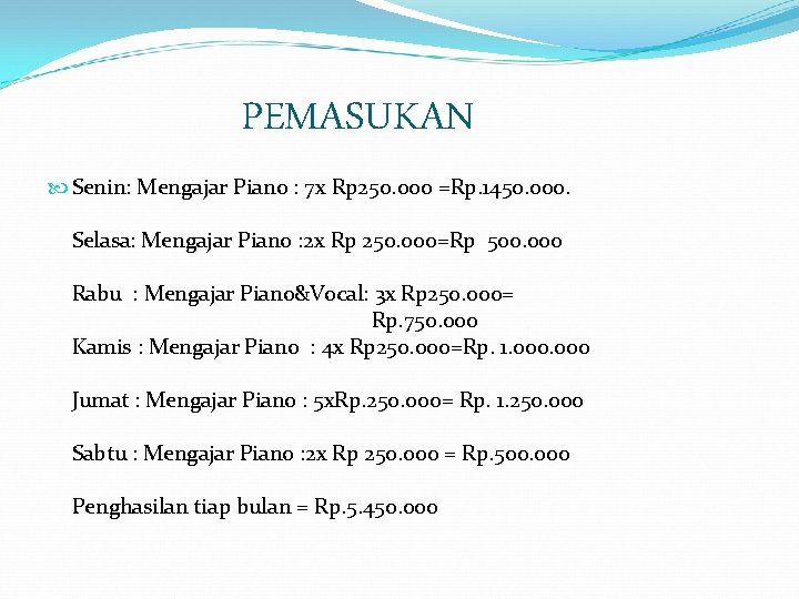 PEMASUKAN Senin: Mengajar Piano : 7 x Rp 250. 000 =Rp. 1450. 000. Selasa: