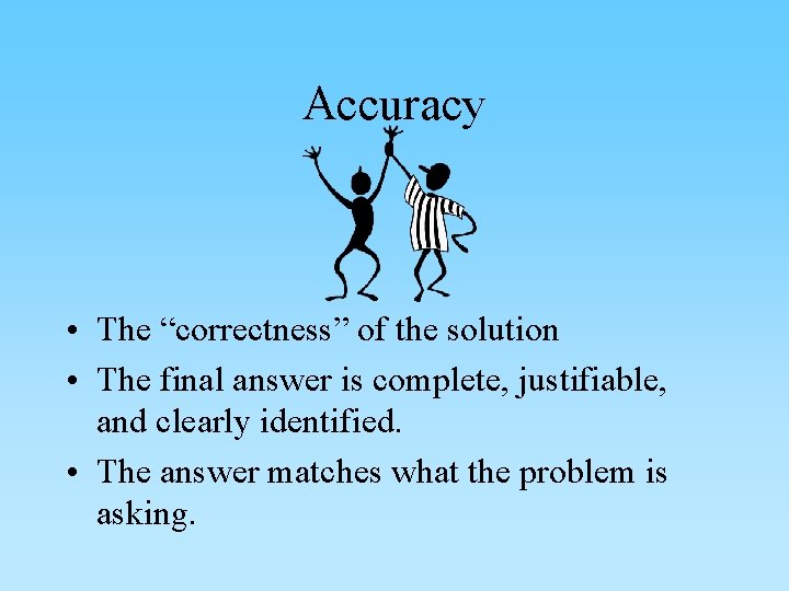Accuracy • The “correctness” of the solution • The final answer is complete, justifiable,