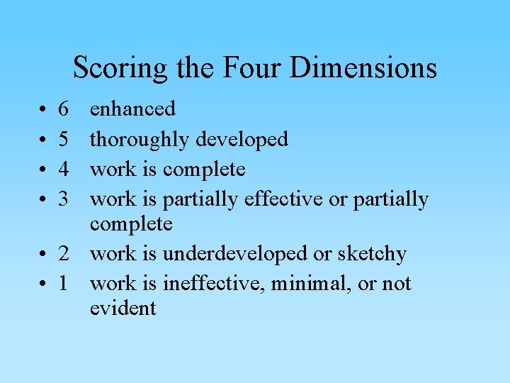 Scoring the Four Dimensions • • 6 5 4 3 enhanced thoroughly developed work