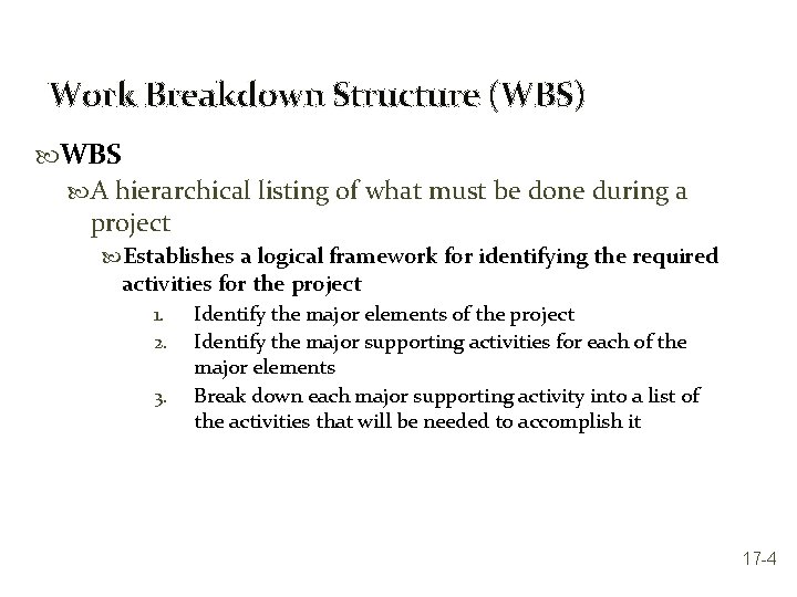 Work Breakdown Structure (WBS) WBS A hierarchical listing of what must be done during