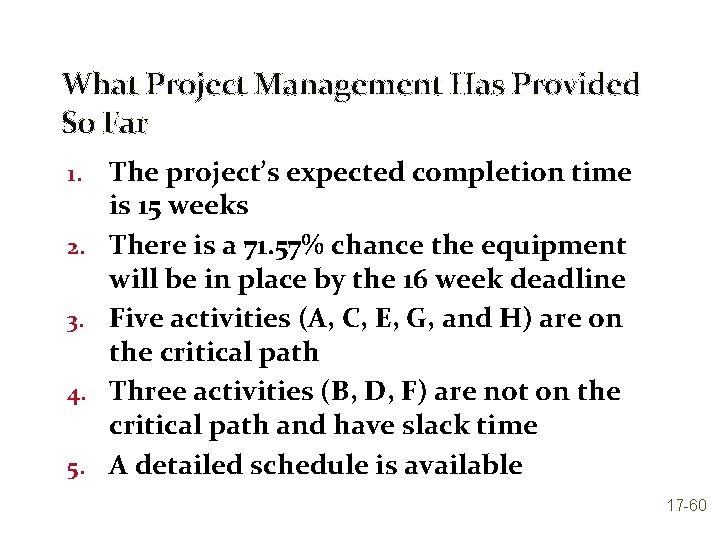 What Project Management Has Provided So Far 1. 2. 3. 4. 5. The project’s