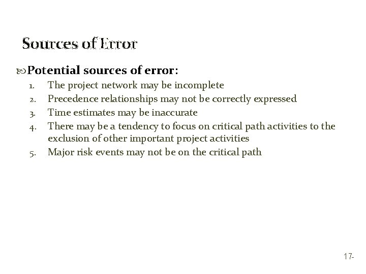 Sources of Error Potential sources of error: 1. The project network may be incomplete