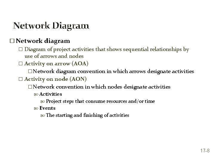 Network Diagram � Network diagram � Diagram of project activities that shows sequential relationships