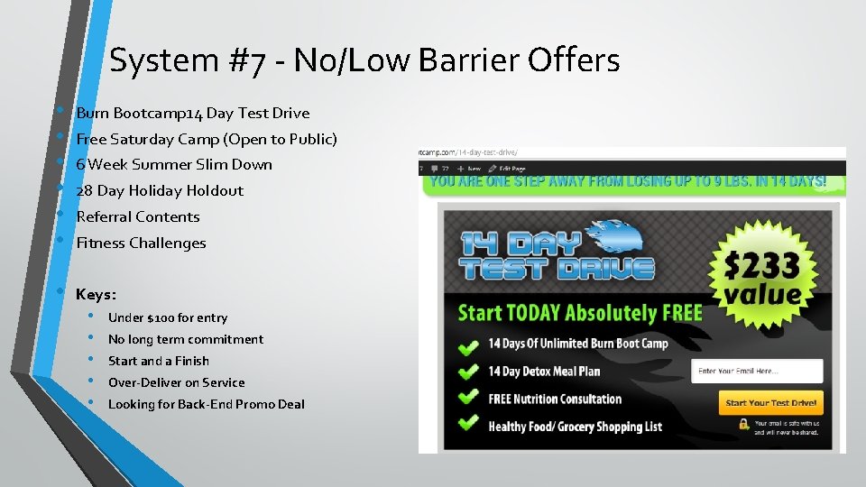 System #7 - No/Low Barrier Offers • • • Burn Bootcamp 14 Day Test