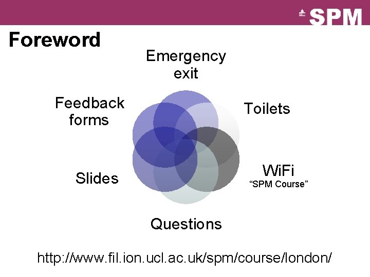Foreword Emergency exit Feedback forms Toilets Wi. Fi Slides “SPM Course” Questions http: //www.