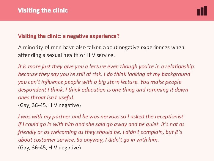Visiting the clinic: a negative experience? A minority of men have also talked about