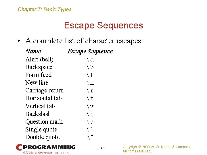 Chapter 7: Basic Types Escape Sequences • A complete list of character escapes: Name