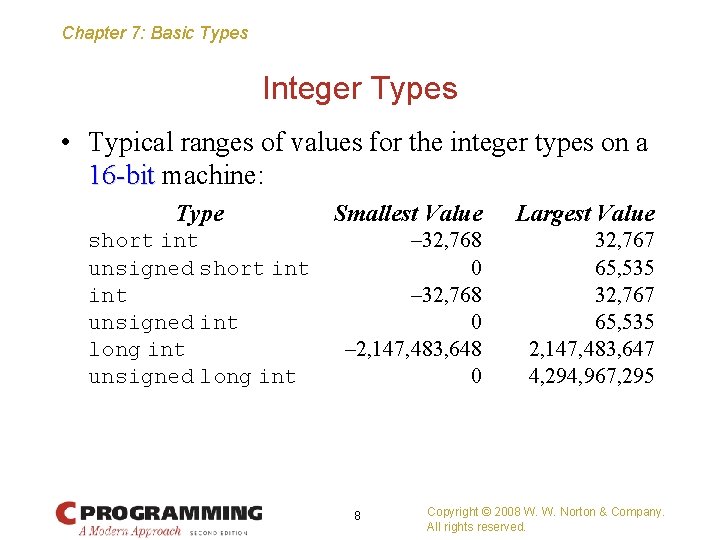 Chapter 7: Basic Types Integer Types • Typical ranges of values for the integer