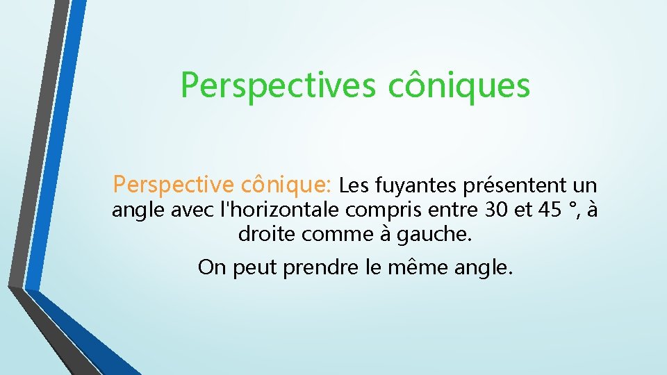 Perspectives côniques Perspective cônique: Les fuyantes présentent un angle avec l'horizontale compris entre 30