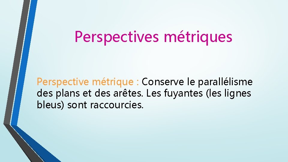 Perspectives métriques Perspective métrique : Conserve le parallélisme des plans et des arêtes. Les