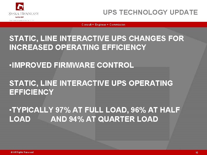 UPS TECHNOLOGY UPDATE Consult + Engineer + Commission STATIC, LINE INTERACTIVE UPS CHANGES FOR
