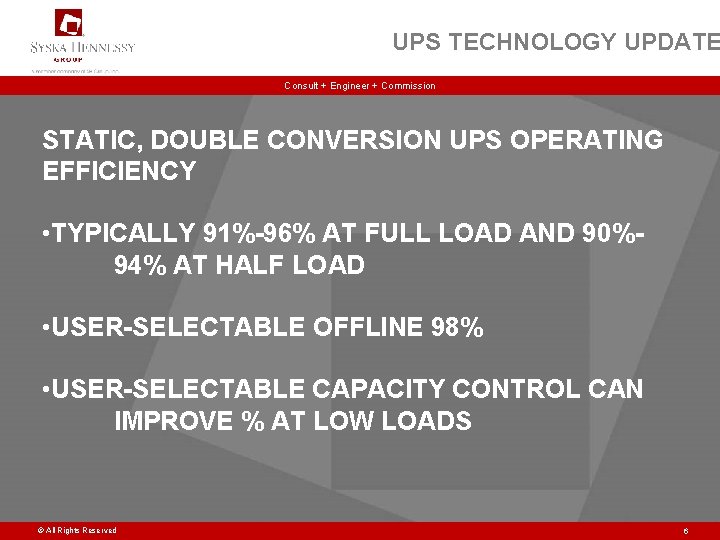 UPS TECHNOLOGY UPDATE Consult + Engineer + Commission STATIC, DOUBLE CONVERSION UPS OPERATING EFFICIENCY