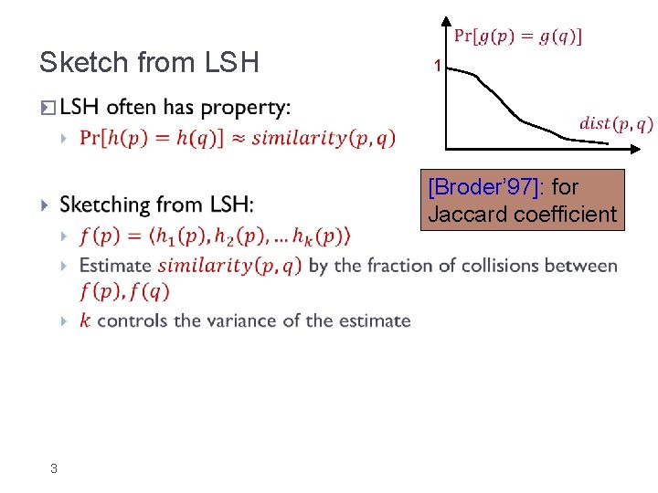  Sketch from LSH � 1 [Broder’ 97]: for Jaccard coefficient 3 