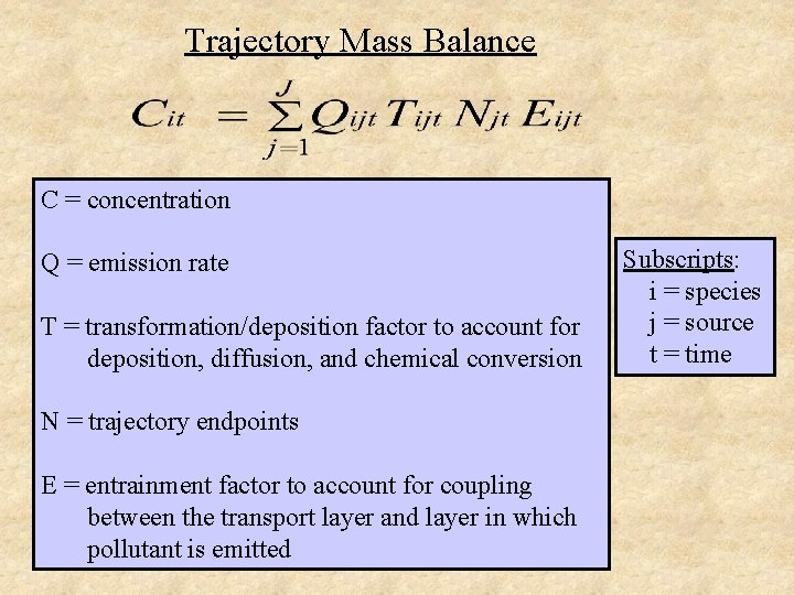 Trajectory Mass Balance C = concentration Q = emission rate T = transformation/deposition factor