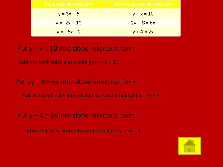 IN SLOPE-INTERCEPT NOT IN SLOPE-INTERCEPT y = 3 x – 5 y – x IN SLOPE-INTERCEPT NOT IN SLOPE-INTERCEPT y = 3 x – 5 y – x