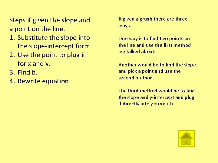 Steps if given the slope and a point on the line. 1. Substitute the Steps if given the slope and a point on the line. 1. Substitute the